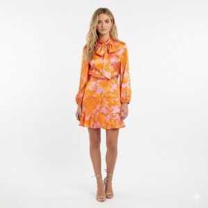 NEW Sugarlips Orange Pink Floral Ruffle Silky Mini Dress